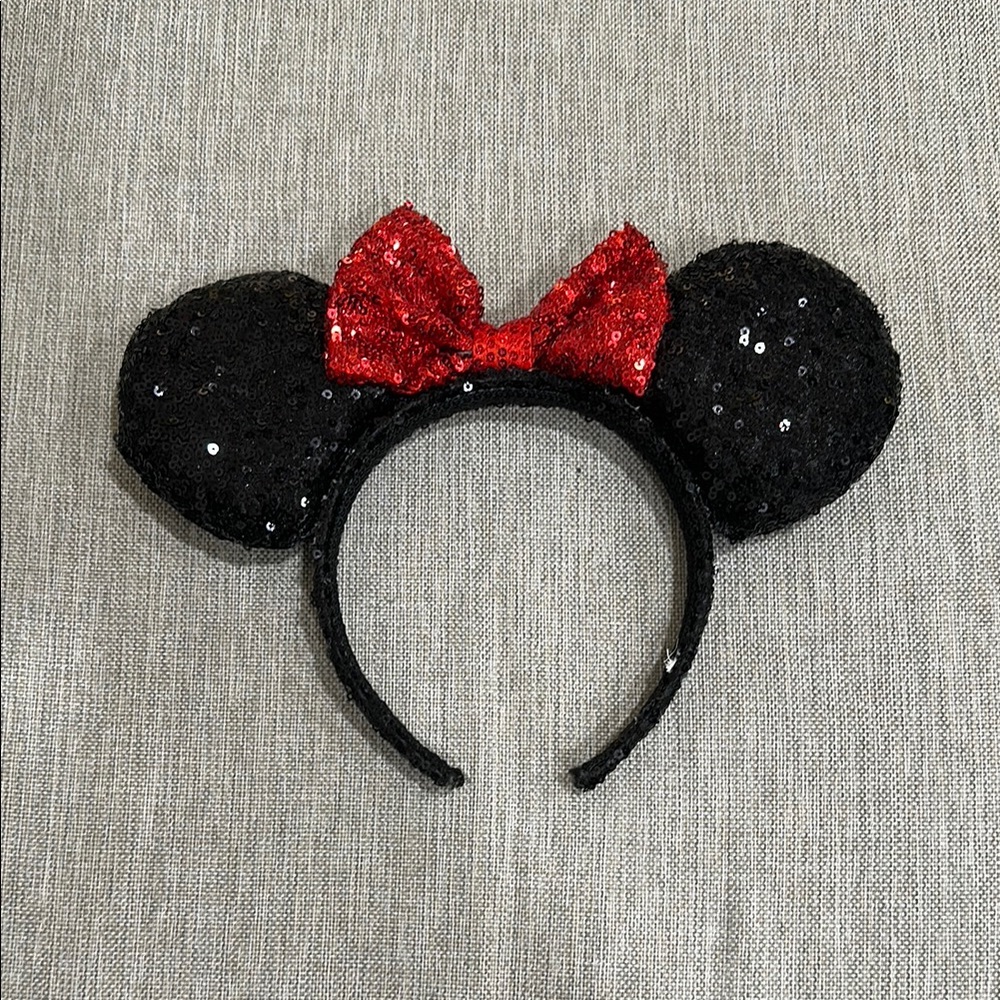 Sequin Black Minnie Mouse Ears with Red Bow Headband